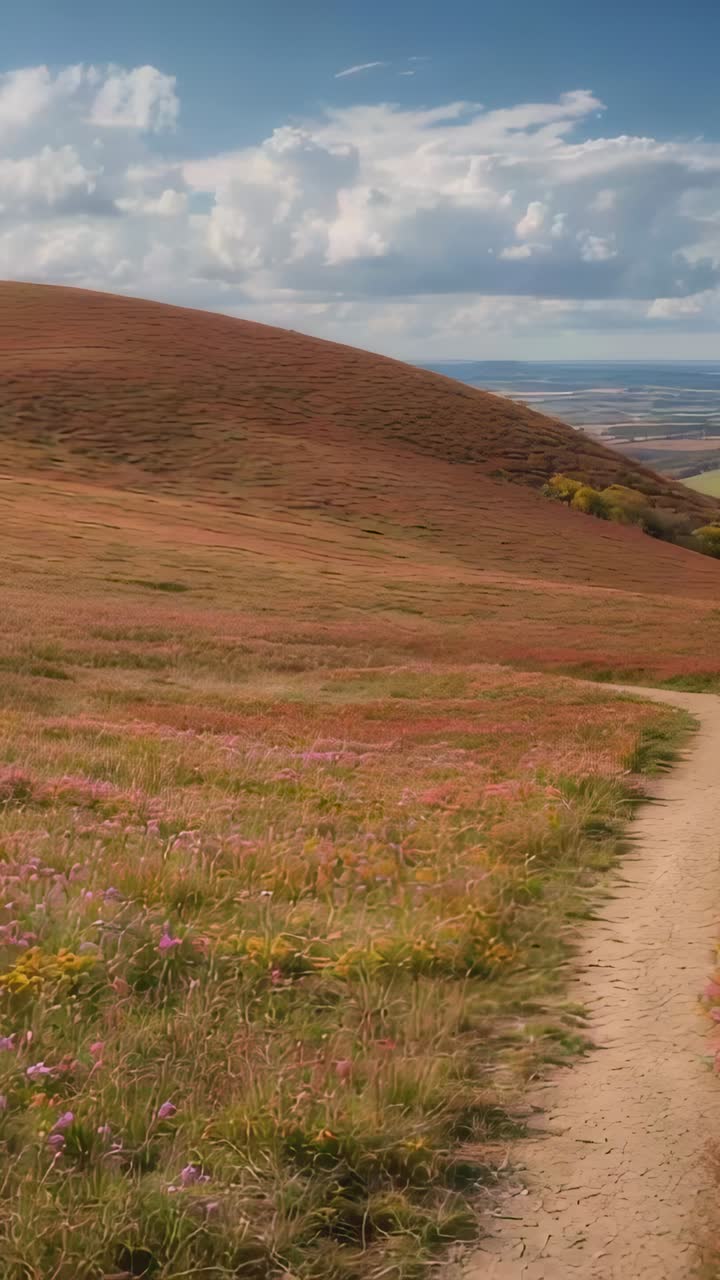 Vertical video: Camera slowly panning over winding path on hill, showing wildflowers and fields