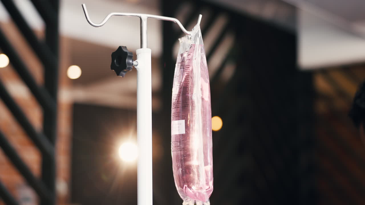 Mano guantata che appende una sacca per infusione su un'asta porta flebo