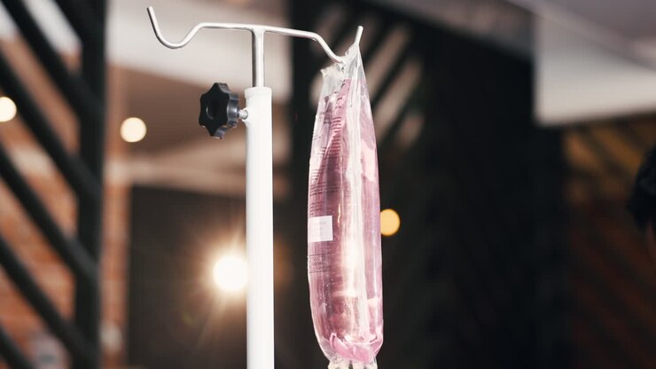 Gloved Hand Hanging an IV Bag on a Medical Pole