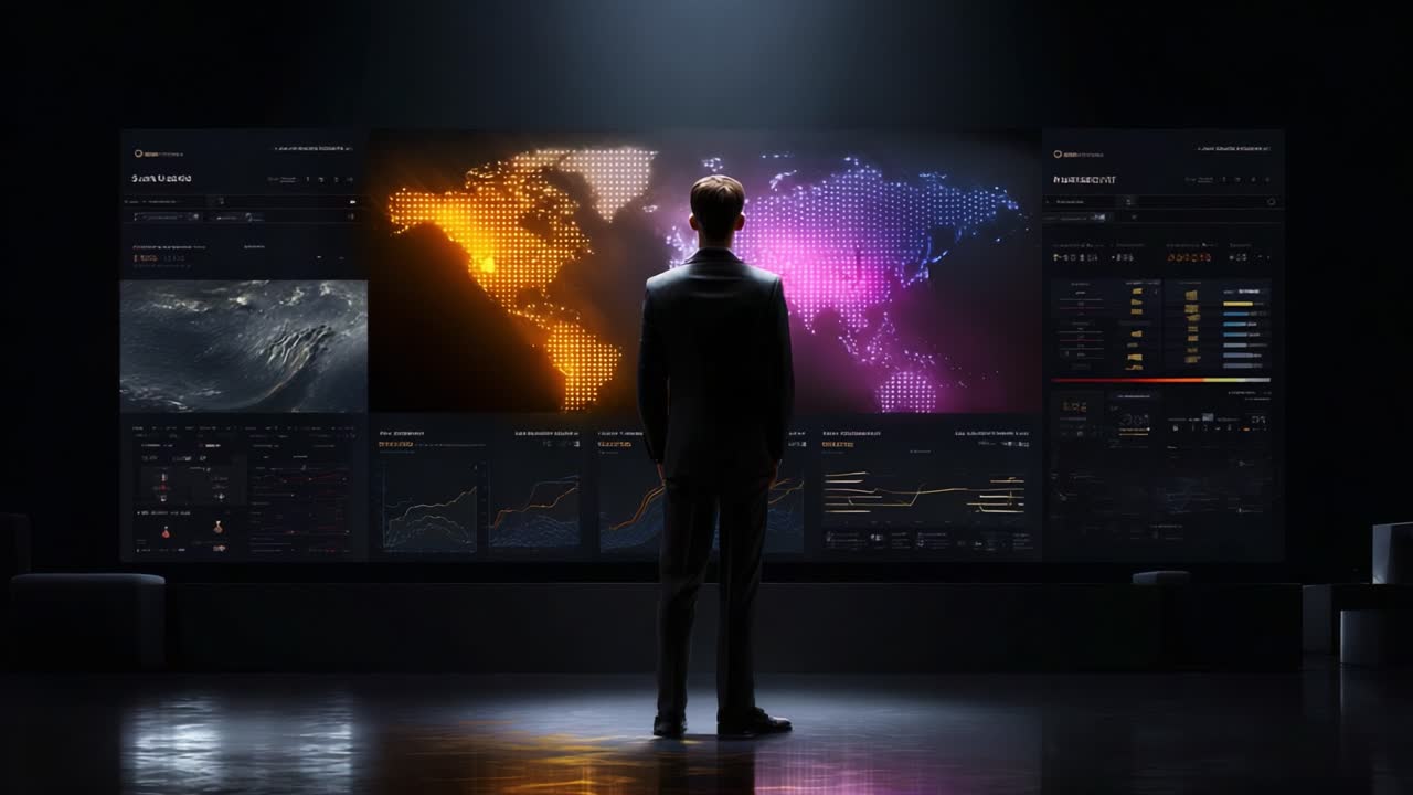 A Business Analyst Engages with an Advanced Data Visualization Display, Utilizing Global Economic Indicators and Interactive Graphs for Strategic Decision-Making Insights