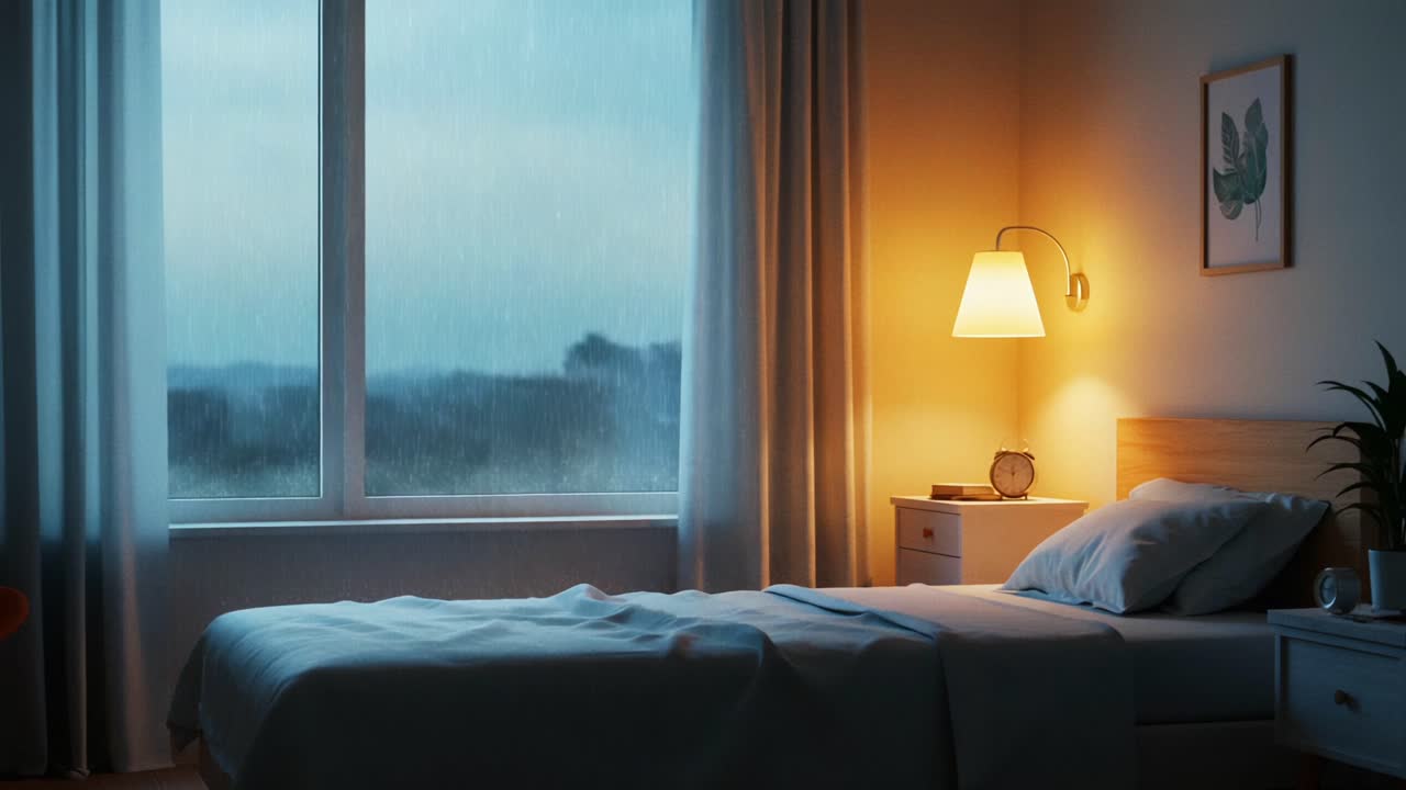 Cozy Bedroom Scene Illuminated by Soft Light and Raindrops Creating a Serene Atmosphere through a Window on a Rainy Evening in a Relaxing Setting