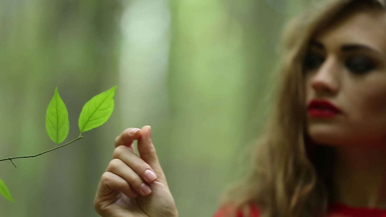 Young Beauty Girl Touching Leaf. Young beauty girl touching leaf in summer forest. Close up of female hand. Concept of nature, environment care