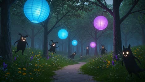 enchanting forest scene with playful shadowy creatures and vibrant floating lanterns illuminating the pathway amidst lush greenery and colorful flowers