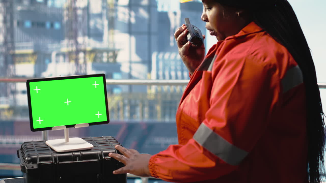 Vertical video Isolated screen tablet used by offshore platform worker supervising production