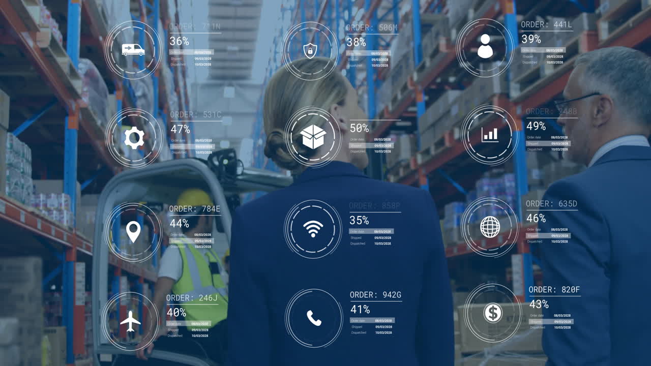 In warehouse, workers managing logistics with digital data animation for orders