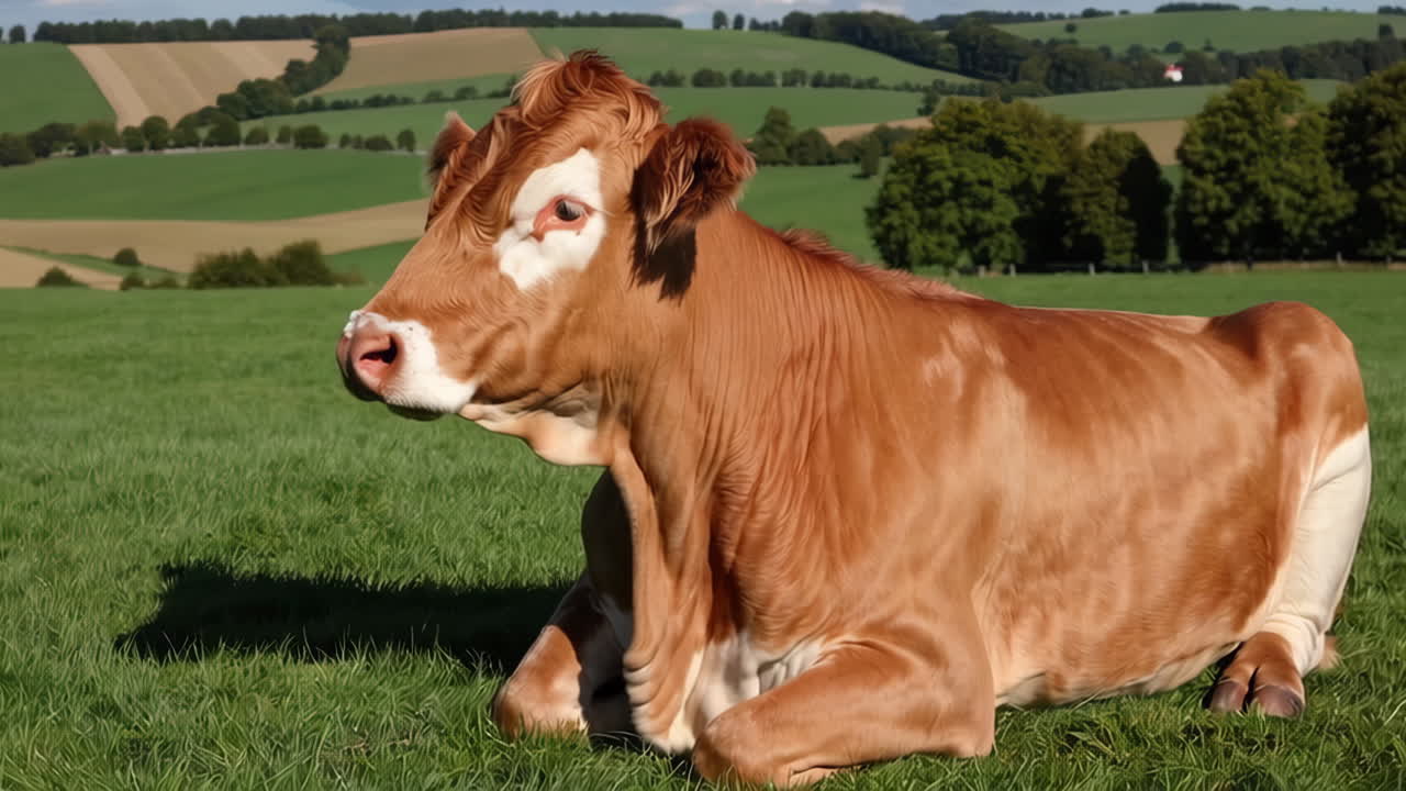 Mucca bruna che riposa in un prato