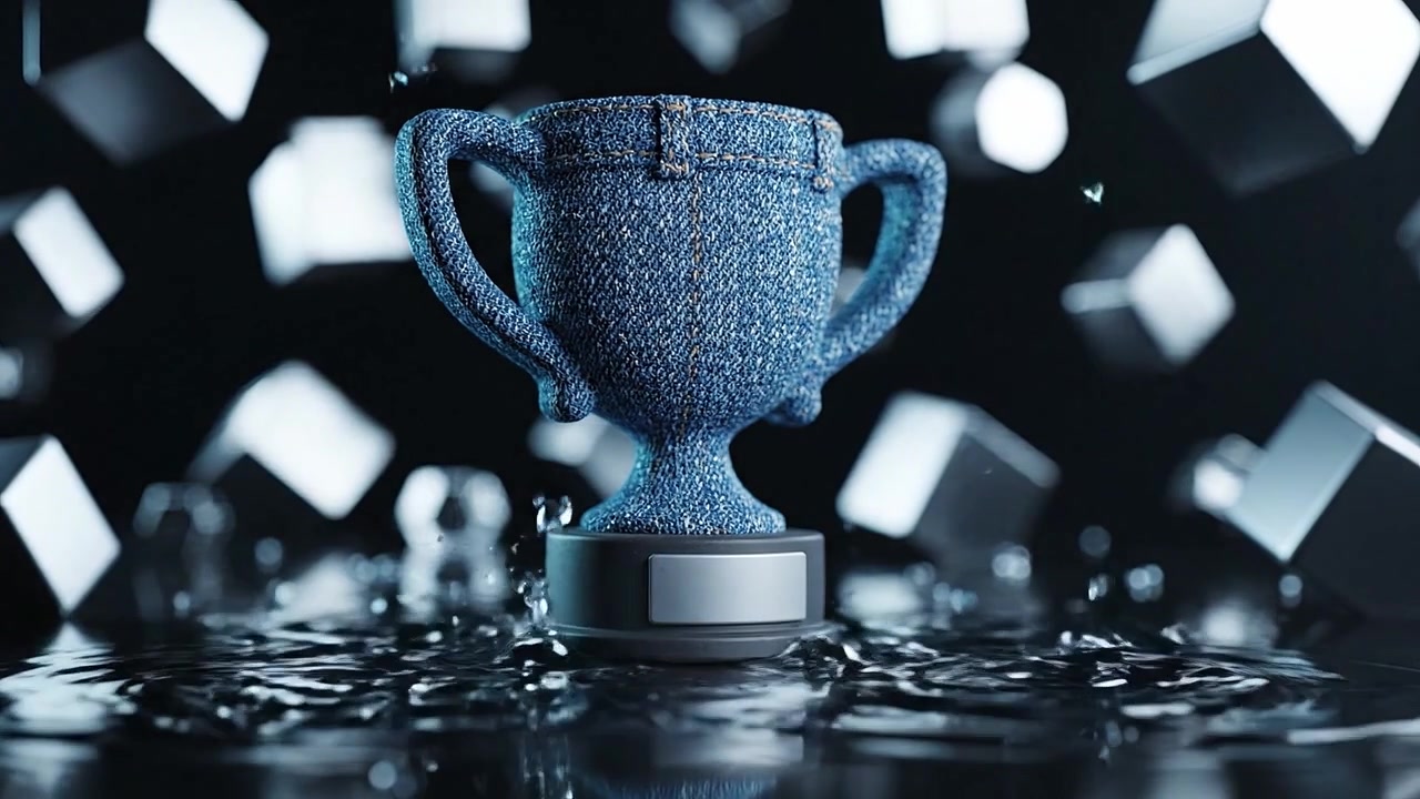 Un trofeo creativo in denim luccica tra forme geometriche astratte e acqua, mostrando innovazione e design in un'esperienza visiva unica.