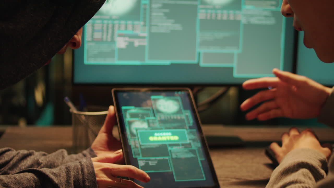 Hackers working with code on tablet and computer screens