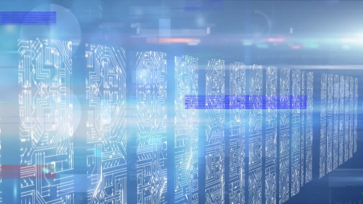 Animation of glitch effect over screens of microprocessor connections against blue background