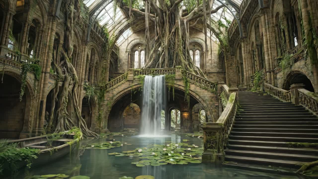 Salle abandonnée mystique avec cascade et racines d’arbres géantes