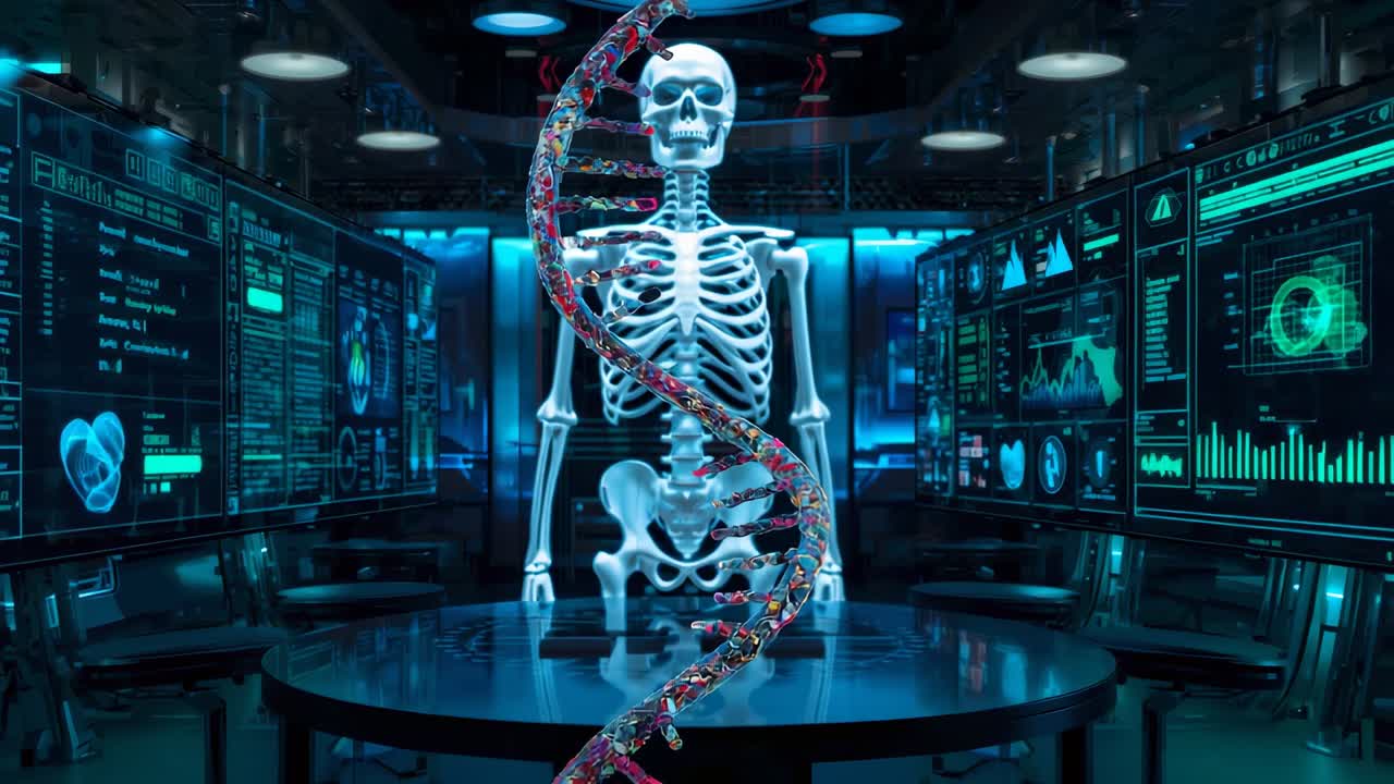 Centering DNA helix initiating rotation around skeleton on table in lab for research with monitors