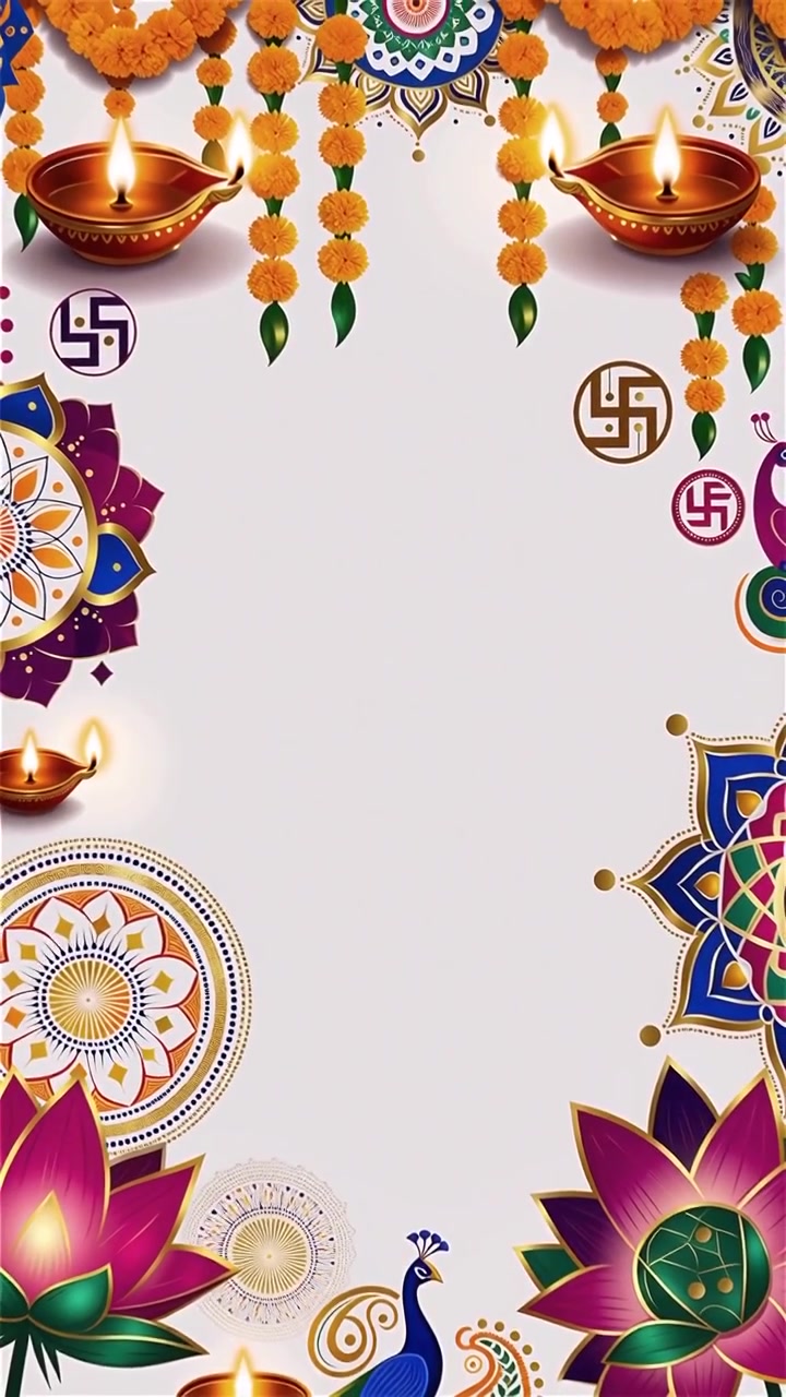 Sfondo Diwali con Diyas luminosi, Rangoli e fiori di loto