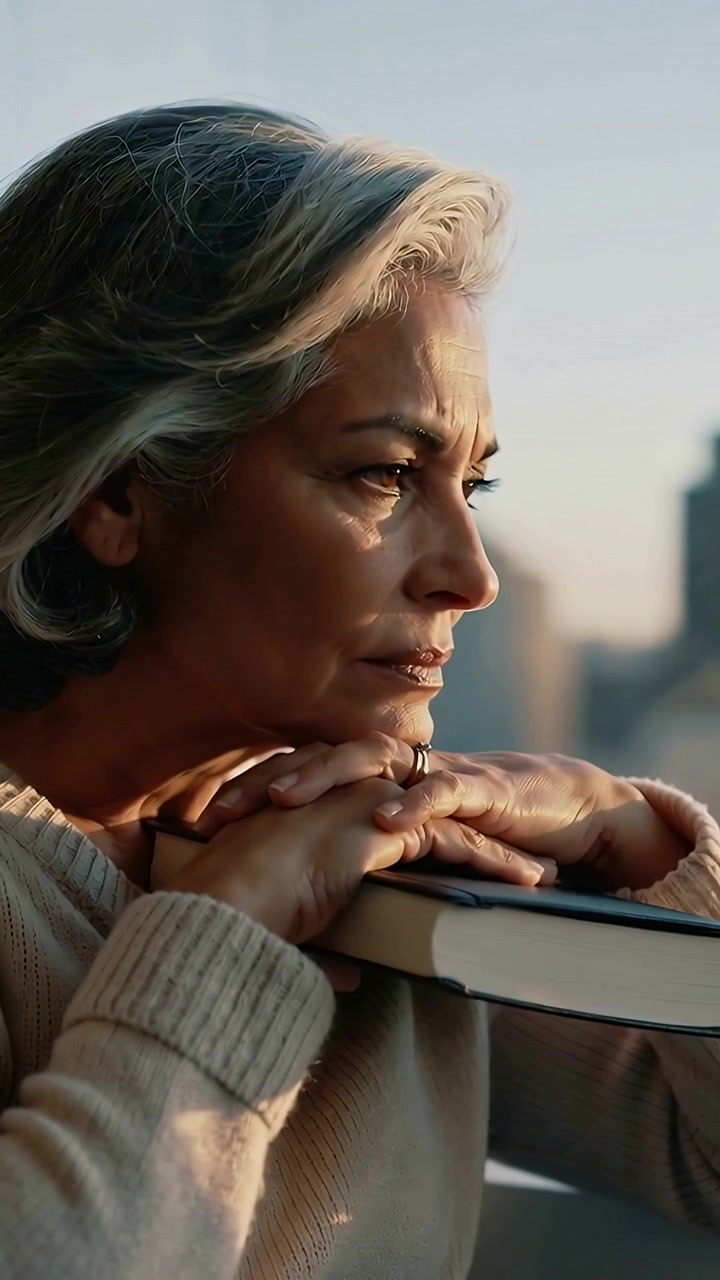 Vertical video: Sunlight drawing senior woman lifting hardback book by window, in knit sweater