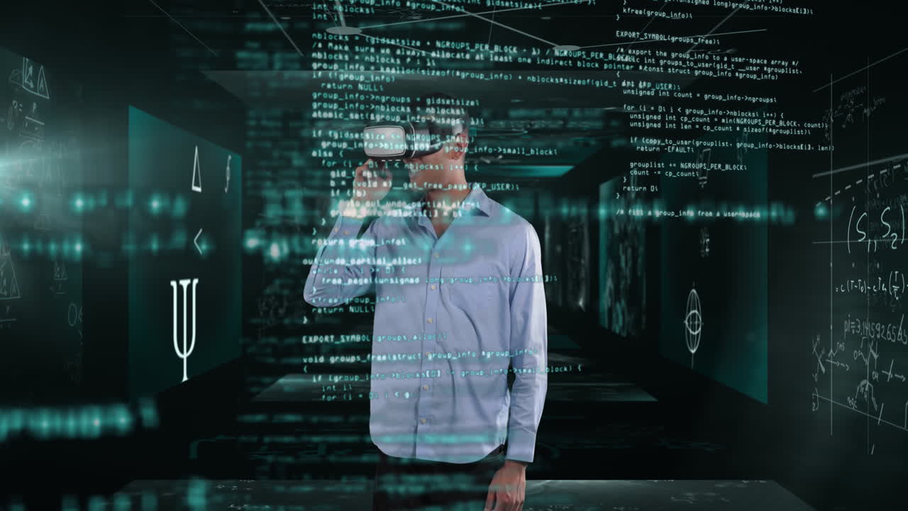 Mann som bruker VR-headset mot skjermer med matematiske diagrammer og databehandling