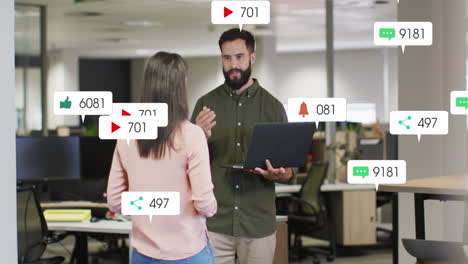 animation of notification bars over caucasian coworkers standing and discussing in office