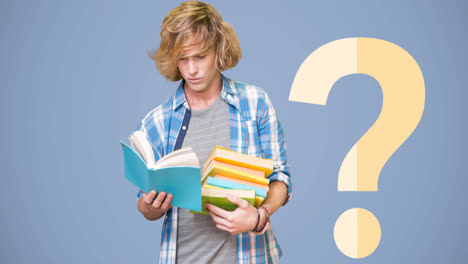 animation of cream question mark over caucasian teenage male student reading, holding books, on blue