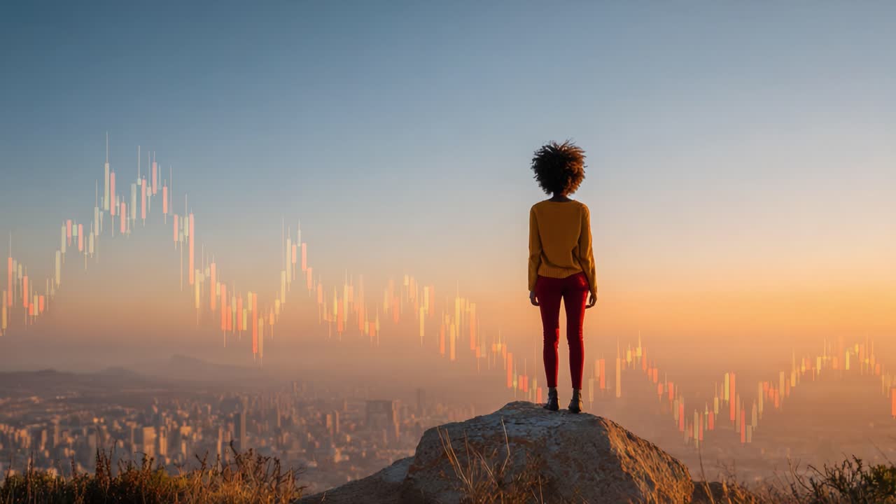 A Solitary Figure Contemplates Economic Trends: An Inspiring Scene of Determination and Future Outlook Overlooking a City Skyline at Sunset