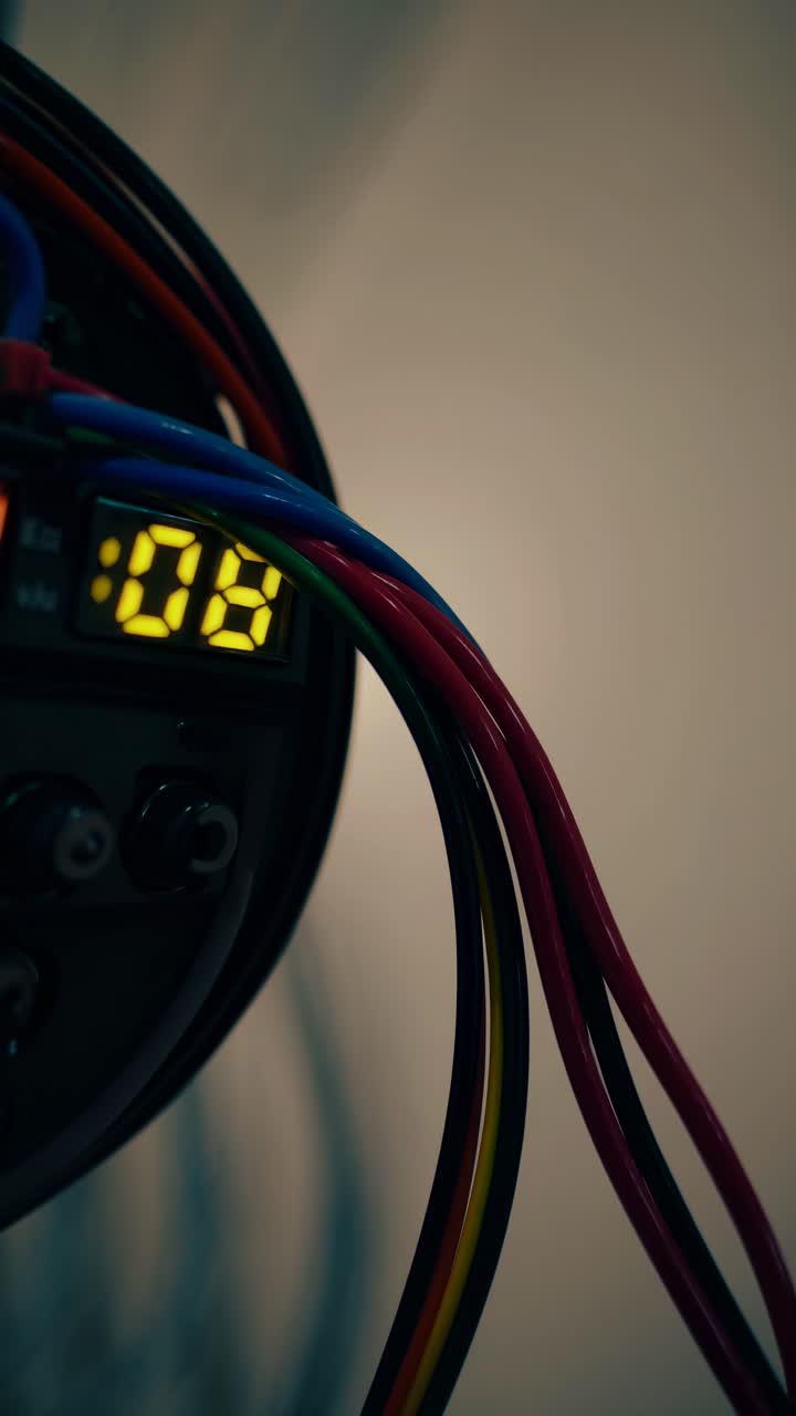 Nahaufnahme von bunten Kabeln, die an ein digitales Display angeschlossen sind, aus einem niedrigen Winkel aufgenommen.