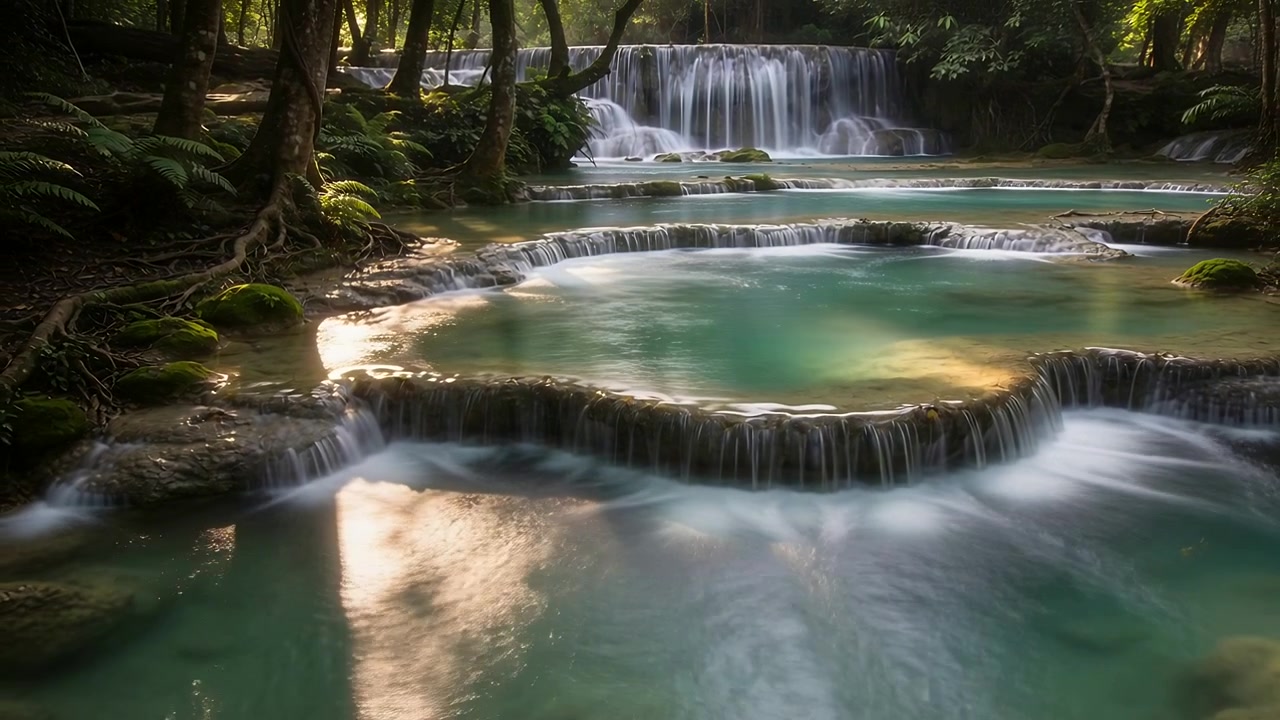 Mostrando una cascata di calcare a più livelli e una pozza color verde acqua che si forma dalle cascate superiori su un bordo smerlato nel bosco