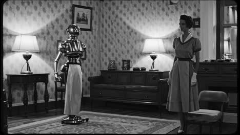 vintage robot and woman in a retro interior