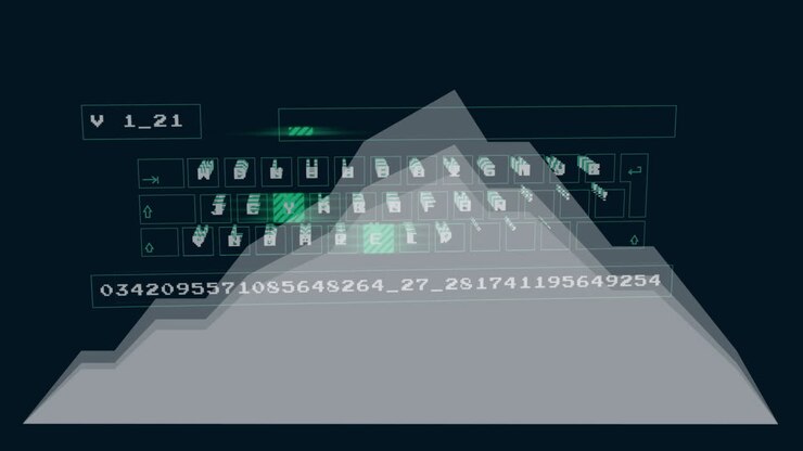 Animation of data processing and keyboard over diagrams on black background