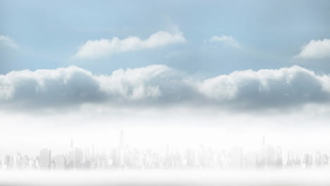 animation of distant cityscape with modern buildings and clouds on blue sky