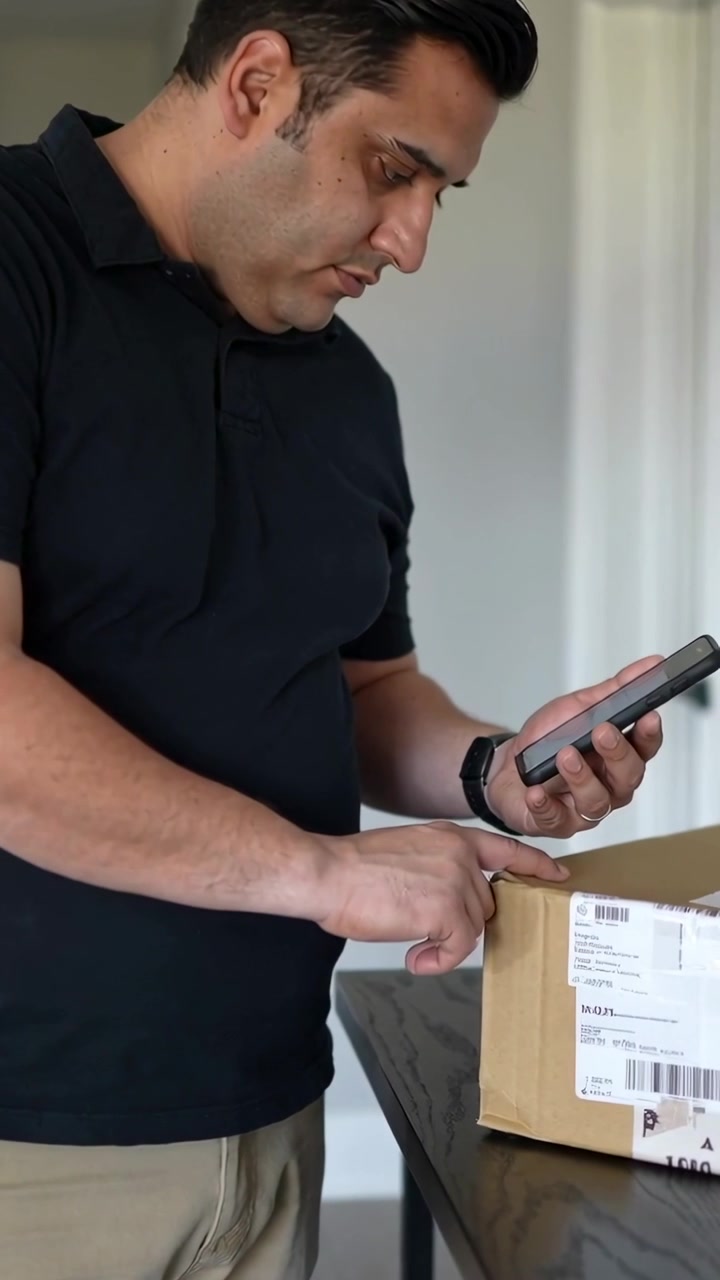 Vertical video: Receiving alert, man in black polo tapping phone and scanning box label at home