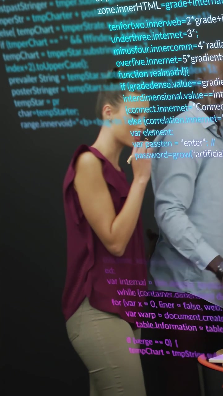 Vertical video: Woman lowering pen, marking man's shirt in tech demo, code projecting across bodies