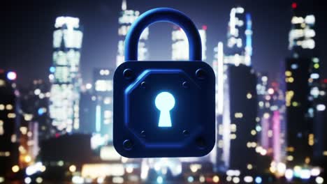 a striking blue padlock illuminated against a vibrant urban night cityscape, symbolizing security and protection in a modern environment