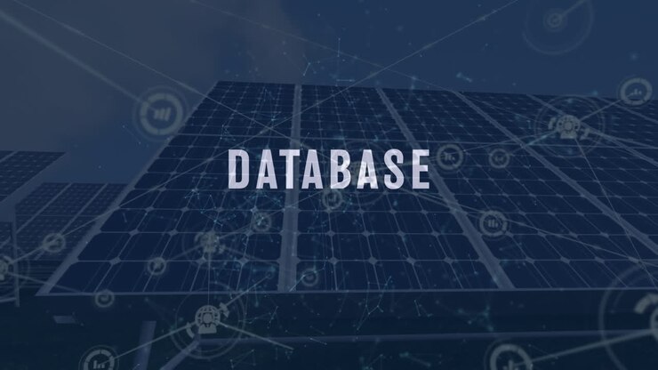 Animation of database text, connected dots and icons over solar panels and windmills against sky