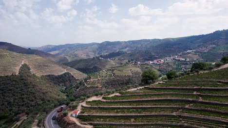 cars driving on road along vineyard terraces in douro valley, portugal