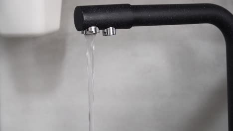 Closeup-View-of-a-Kitchen-Black-Faucet-Dispensing-Both-Tap-and-Filtered-Water