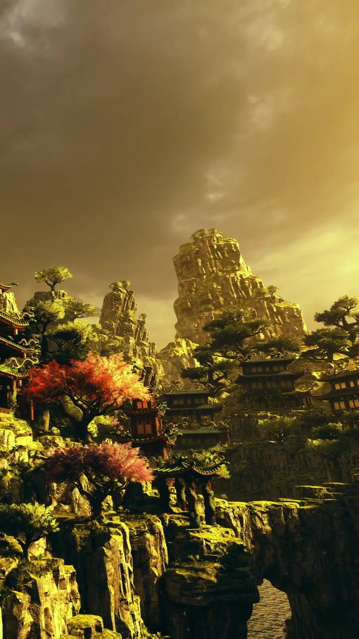 Enchanting mountain village basking in golden light at dusk