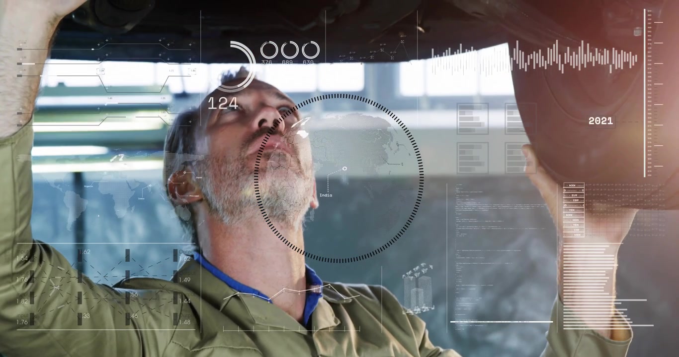Male mechanic raising arms under raised auto, diagnosing undercarriage while HUD overlay animating