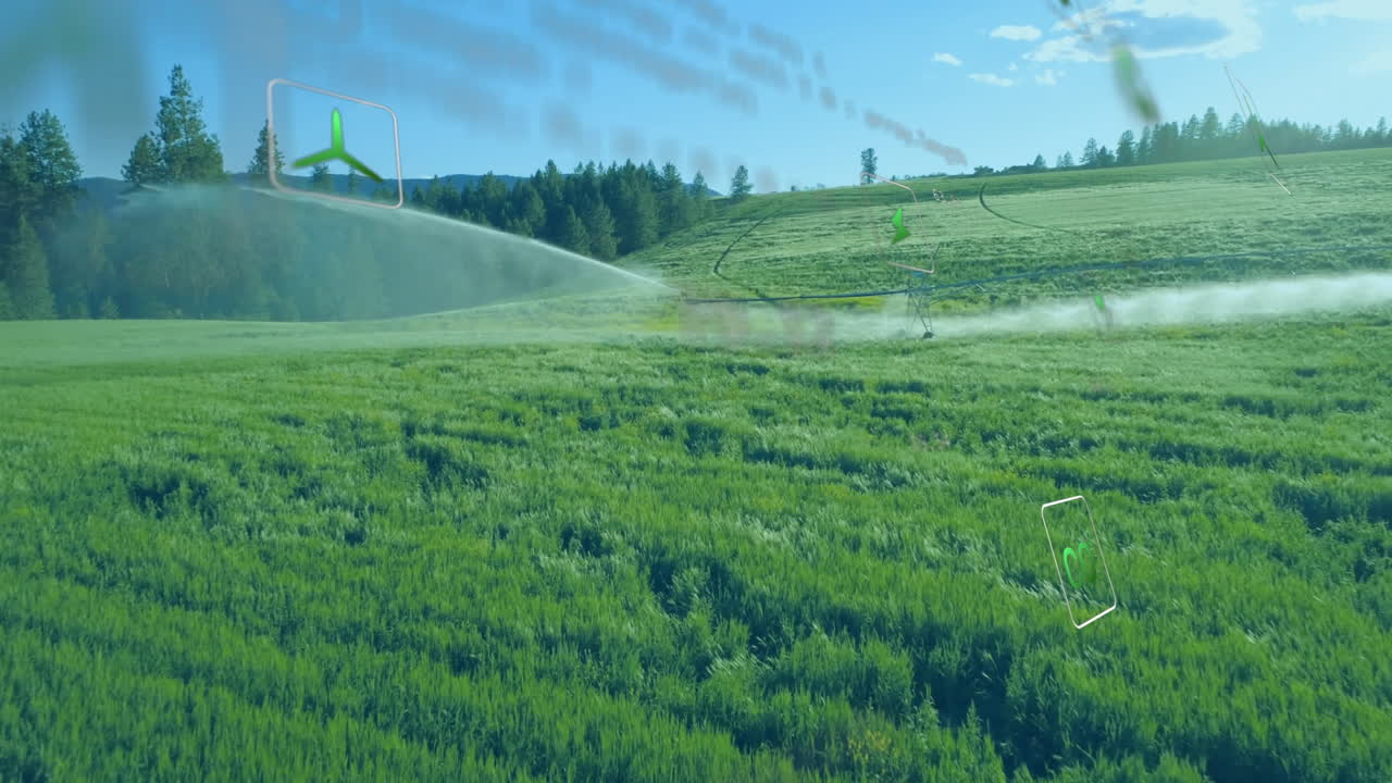 Irrigation system in green field with digital wind turbine animation overlay
