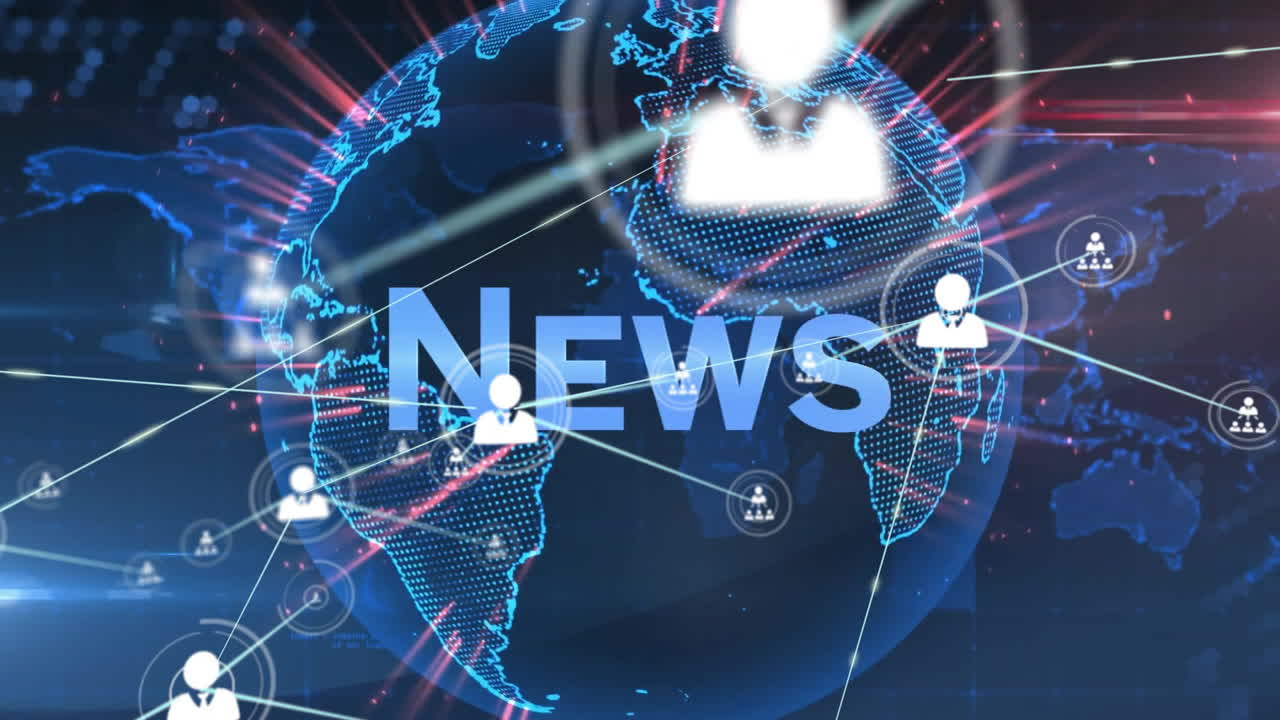 Animação de texto NOTÍCIAS sobre globo digital com conexões de rede e ícones de usuário