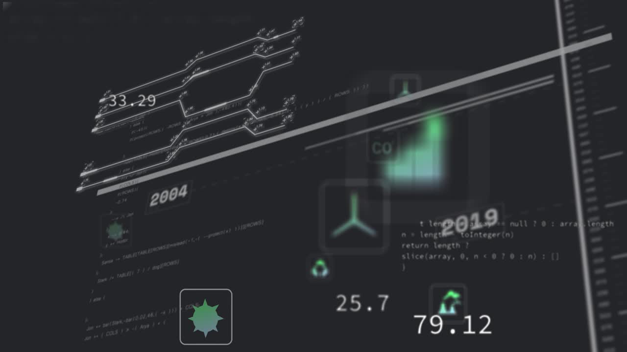 Opening UI starting timeline shifting, green icons aligning on slope with scrolling code for values