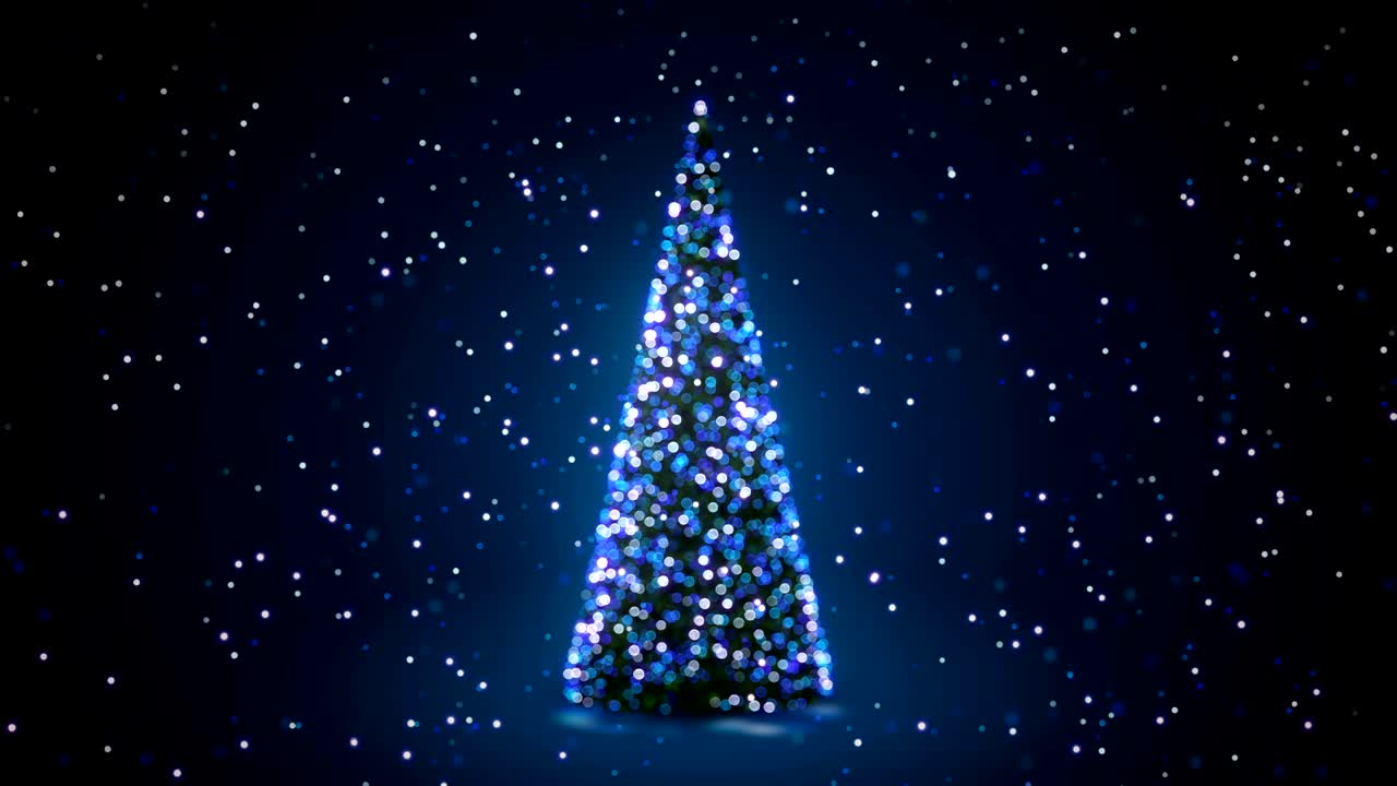Blue Christmas Tree with Flashing Lights Turning in Snowfall in Defocused Blur Bokeh. Greeting Background Seamless 3d Animation. Merry Christmas and Happy New Year Concept.