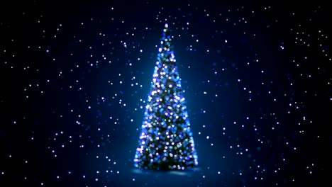 blue christmas tree with flashing lights turning in snowfall in defocused blur bokeh. greeting background seamless 3d animation. merry christmas and happy new year concept.