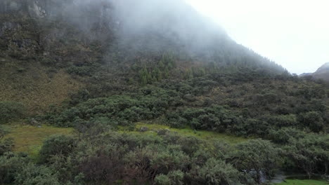 drone ascending towards a misty mountain in el cajas, ecuador. the footage captures rugged stone cliffs, dense tree cover, and light clouds surrounding the peak.