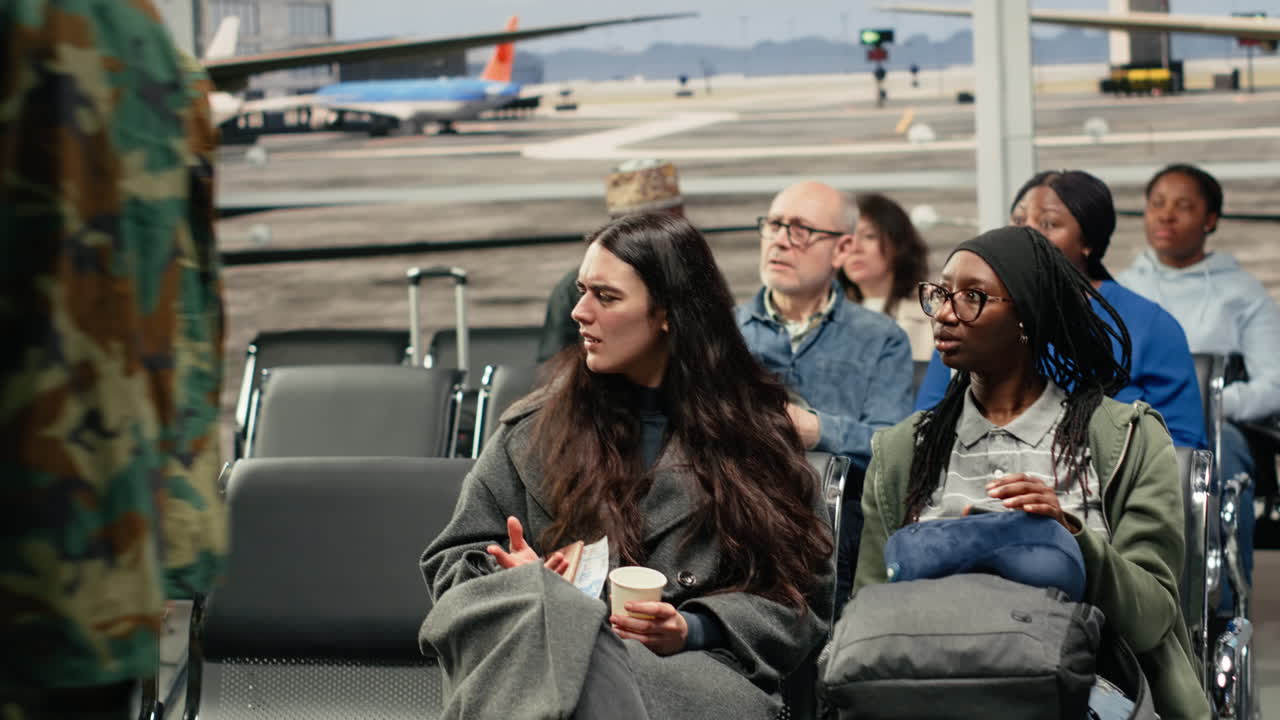 Mujeres curiosas tomando fotos con sus teléfonos por la presencia de tropas del ejército en el aeropuerto