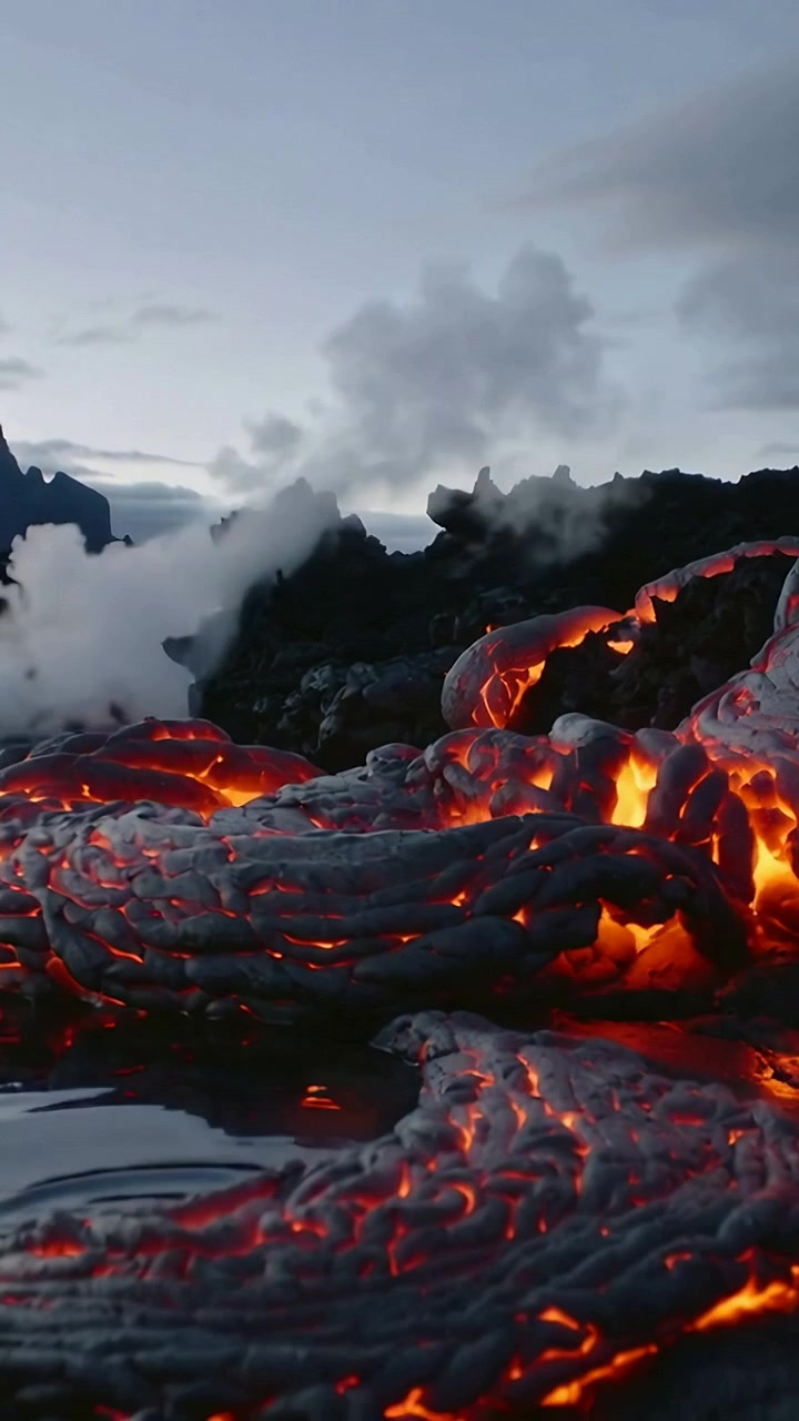Vertical video: Flowing lava meeting cool water at volcanic dusk, revealing molten veins and steam