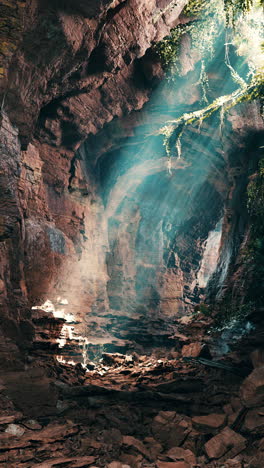 sunbeams illuminating a mystical jungle cave