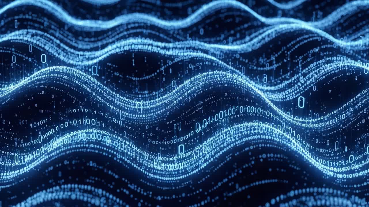 Dynamic Waves of Data: A Captivating Visual Representation of Binary Code Flowing Through a Digital Ocean in Fluid Motion of Technology and Innovation