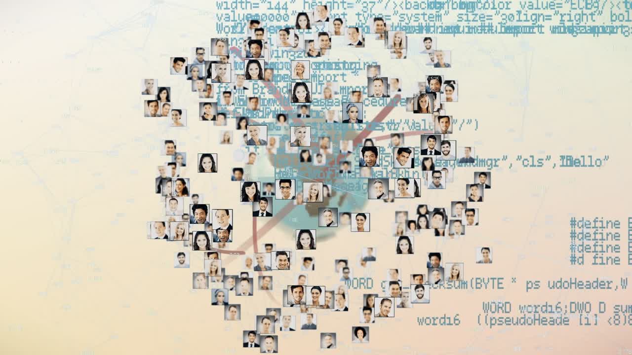 ベージュの背景にユーザー写真、データ処理、地球儀がアニメーションで表示される