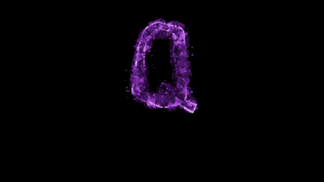Lettera Q con particelle viola luminose su sfondo trasparente