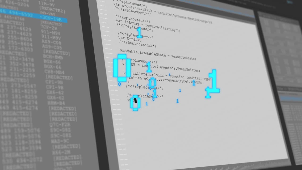 Verticale video: Camerabeweging naar achteren bij een code-editor op een bureau, met een bestandsboom links en cyaankleurige glyphs die rondzweven.