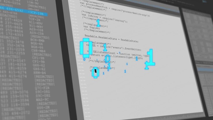Vertical video: Pulling back camera code editor at desk showing left file tree cyan glyphs orbiting