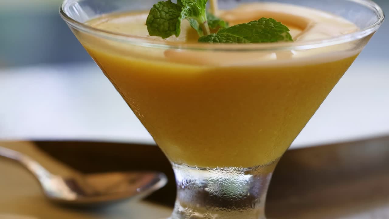 Close-up of a creamy dessert topped with mint leaves in a glass, accompanied by a spoon.