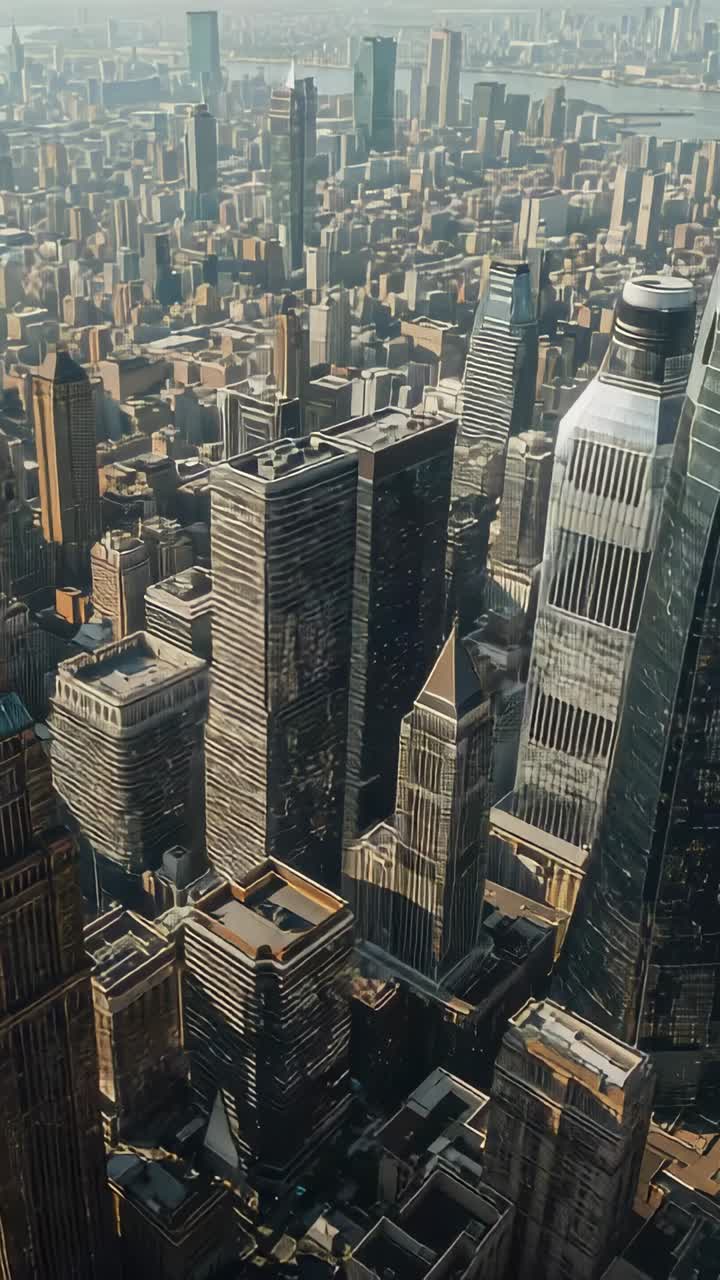 Video verticale: ripresa panoramica con drone che si alza sopra i grattacieli della città, con orizzonte sul fiume